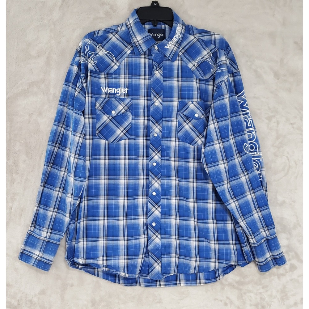 Vtg Wrangler Pearl Snap Shirt Mens XL Blue Plaid Embroidered Spellout Western
